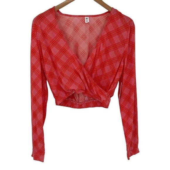 BP Surplice V-Neck Long Sleeve Crop Top Plaid Orange Pink Juniors Women XS‎ NWT - Picture 2 of 6